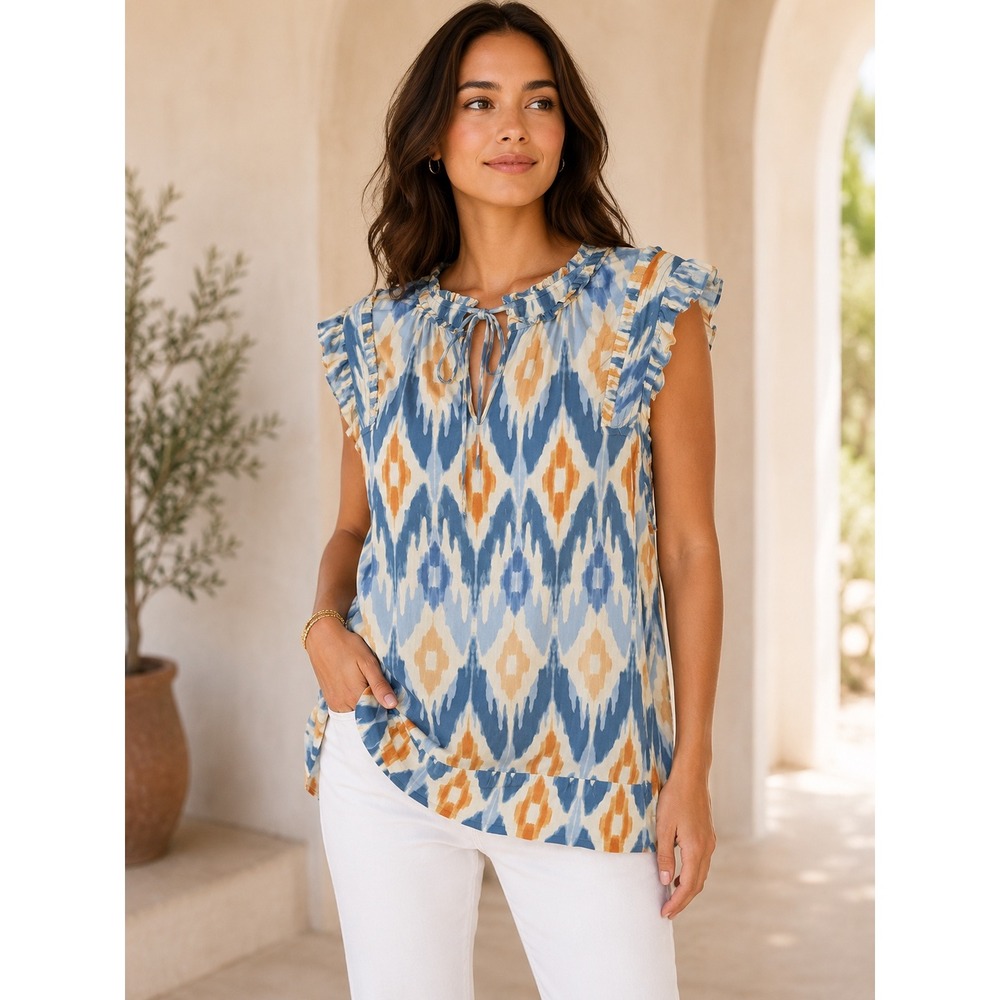 Les Serein Ikat Diamond Print Ruffle Sleeve Blouse Blue Orange  Large